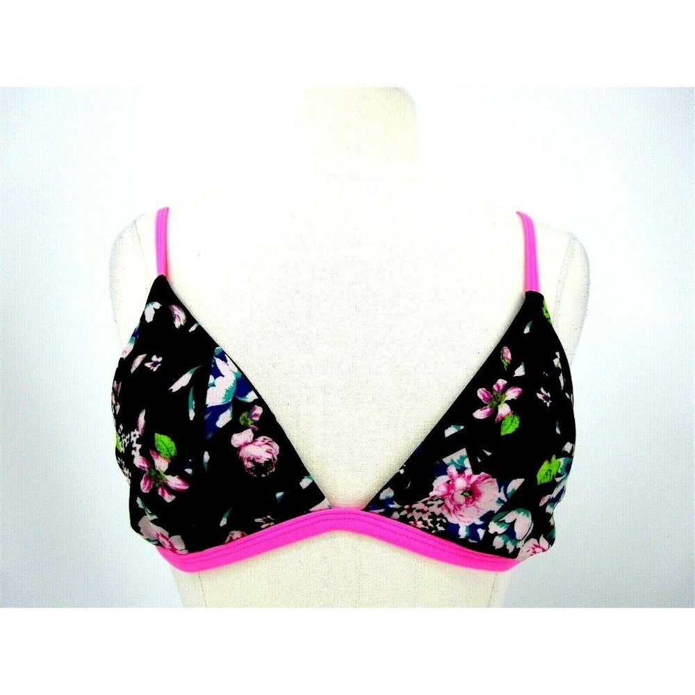 Leith Adjustable Strap Triangle Swimsuit Top Black Pink Multi Floral Medium M